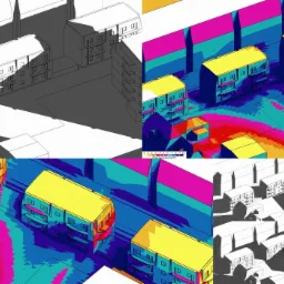 Graficzna analiza nasłonecznienia osiedla mieszkaniowego, widok z góry, prezentacja w formie szkicu architektonicznego i kolorowej mapy intensywności promieniowania słonecznego.