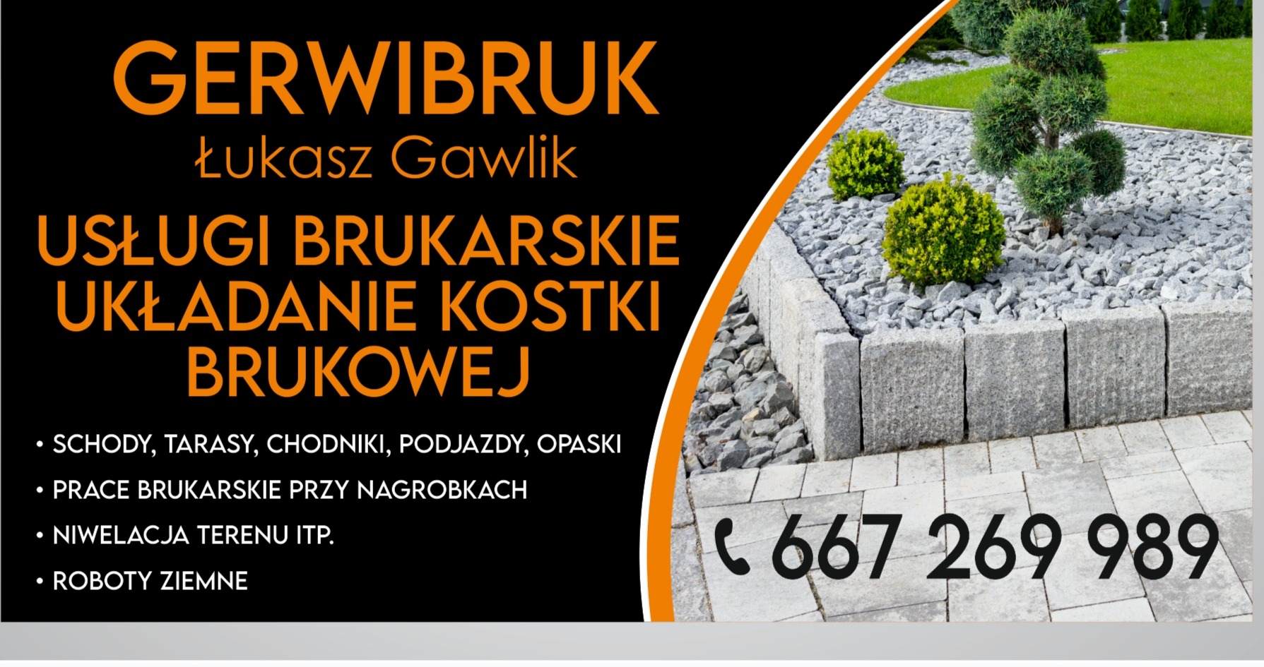 Estetycznie ułożona kostka brukowa i granitowa z nasadzeniami. Obrzeża z kostki granitowej. Reklama firmy brukarskiej Gerwibruk z numerem telefonu.