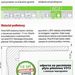 Schemat techniczny profilu schodowego z laminatu HAFA V313, prezentujący wymiary i właściwości materiału, w tym 12-letnią gwarancję na ścieranie powierzchni i odporność na pęcznienie dzięki...