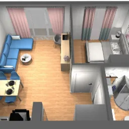 Widok z góry na wizualizację 3D mieszkania: salon z aneksem, sypialnia i łazienka. Jasne drewno na podłodze, niebieska sofa, marmur w łazience. Pastelowe zasłony.