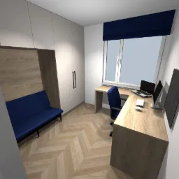 Wizualizacja pokoju z biurkiem, komputerem, sofą i szafą w zabudowie. Jasne drewno na podłodze i meblach, białe ściany. Nowoczesne, minimalistyczne wnętrze.