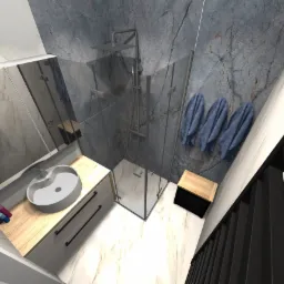 Wizualizacja łazienki z kabiną prysznicową, umywalką na szafce z szufladami i grzejnikiem drabinkowym. Na ścianie płytki imitujące marmur i ręczniki.