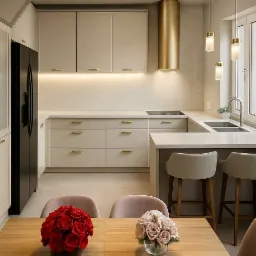 Jasna kuchnia w stylu nowoczesnym z złotymi akcentami: okap, uchwyty. Na pierwszym planie stół z kwiatami, krzesła w odcieniach różu.