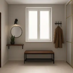 Nowoczesny przedpokój z drewnianymi akcentami: drzwi, ławka, półka. Okrągłe lustro, wieszak z płaszczem i przeszklona szafa z złotymi ramami dopełniają aranżację.