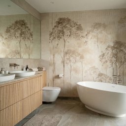 Projektowanie Wnętrz Katarzyna Ćwiek - Jasna łazienka z tapetą w motywie drzew, owalną wanną i umywalką nablatową na drewnianej szafce. Minimalistyczny design, neutralna kolorystyka, nowoczesne baterie.