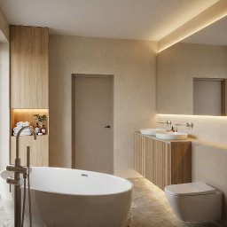 Projektowanie Wnętrz Katarzyna Ćwiek - Jasna łazienka w beżach z wolnostojącą wanną, umywalkami nablatowymi i podświetlanym lustrem. Minimalistyczny design, ciepłe oświetlenie, naturalne materiały.