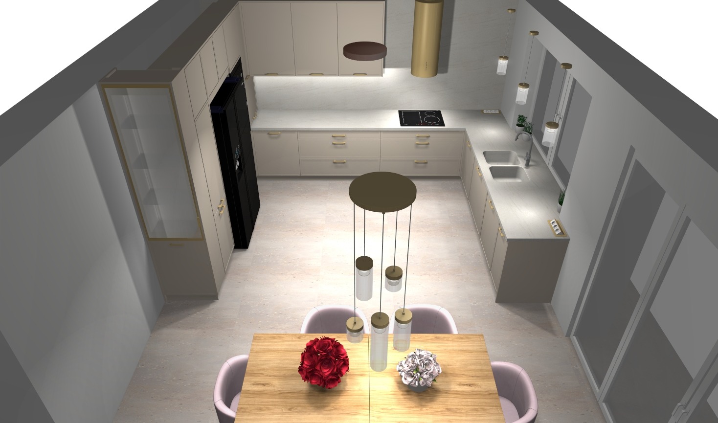 Wizualizacja kuchni z jadalnią w beżowej tonacji. Widok z góry na stół z kwiatami, krzesła i zabudowę kuchenną z nowoczesnym oświetleniem.