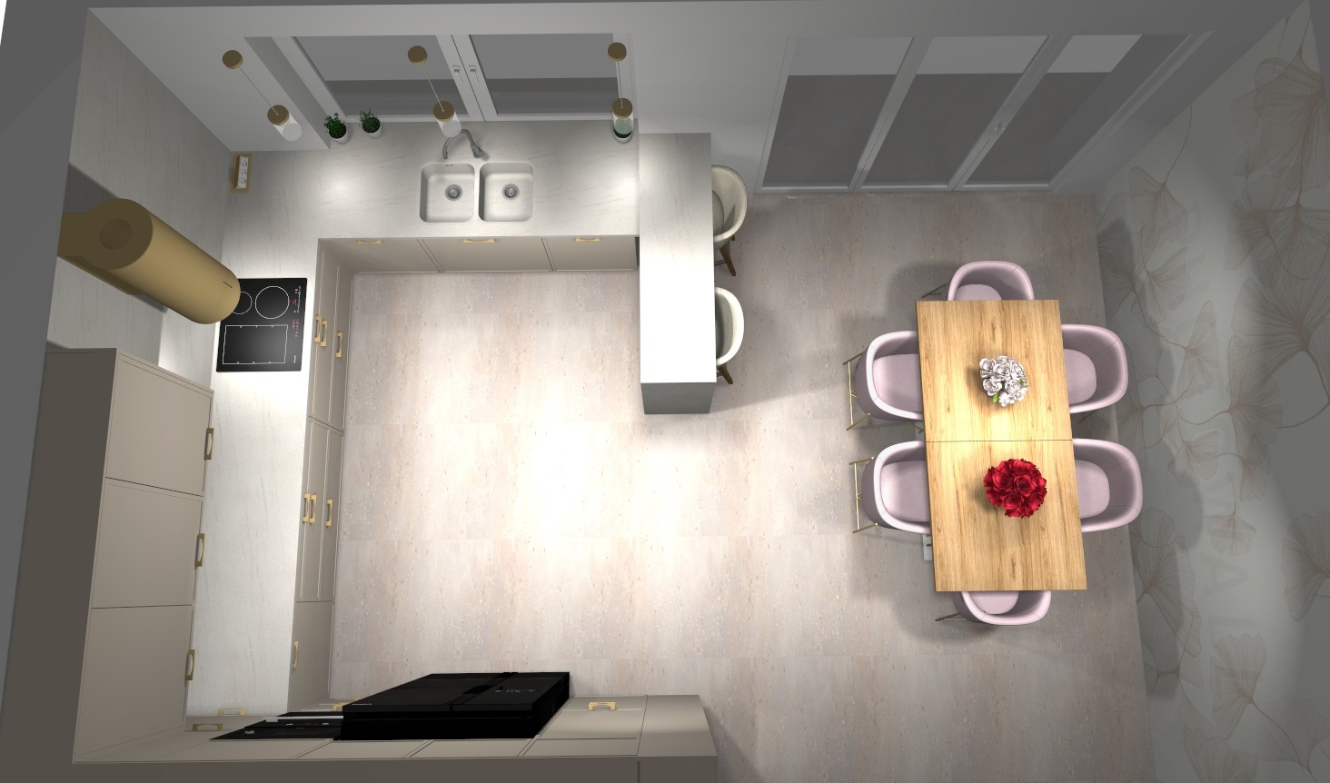 Widok z góry na jasną kuchnię z jadalnią: drewniany stół z kwiatami, krzesła w odcieniach różu, minimalistyczne meble kuchenne, dekoracyjna tapeta.