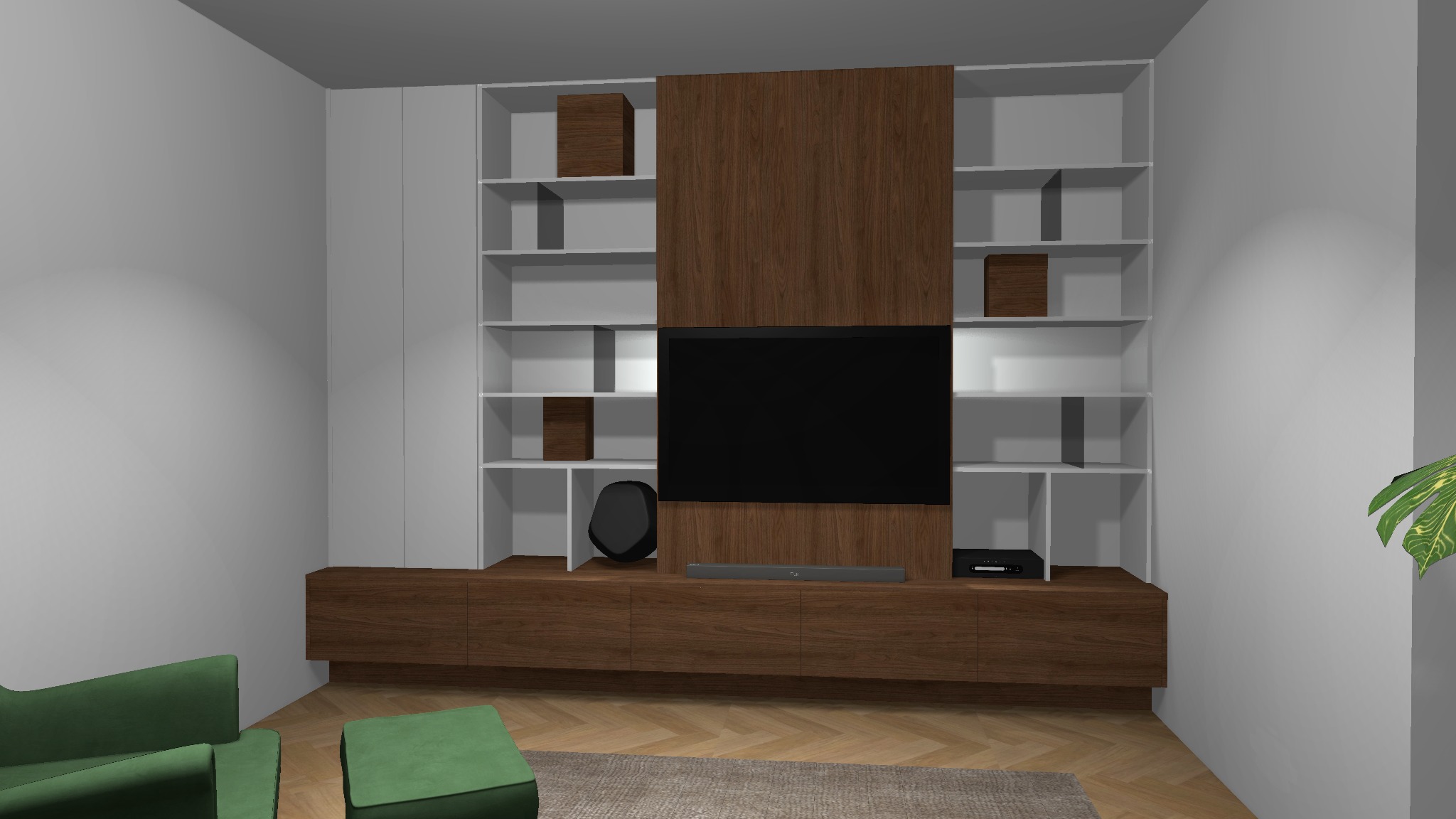 Wizualizacja salonu z nowoczesną zabudową TV: białe półki, drewniane akcenty, minimalistyczny design, zielony fotel. Subtelne oświetlenie, parkiet w jodełkę.