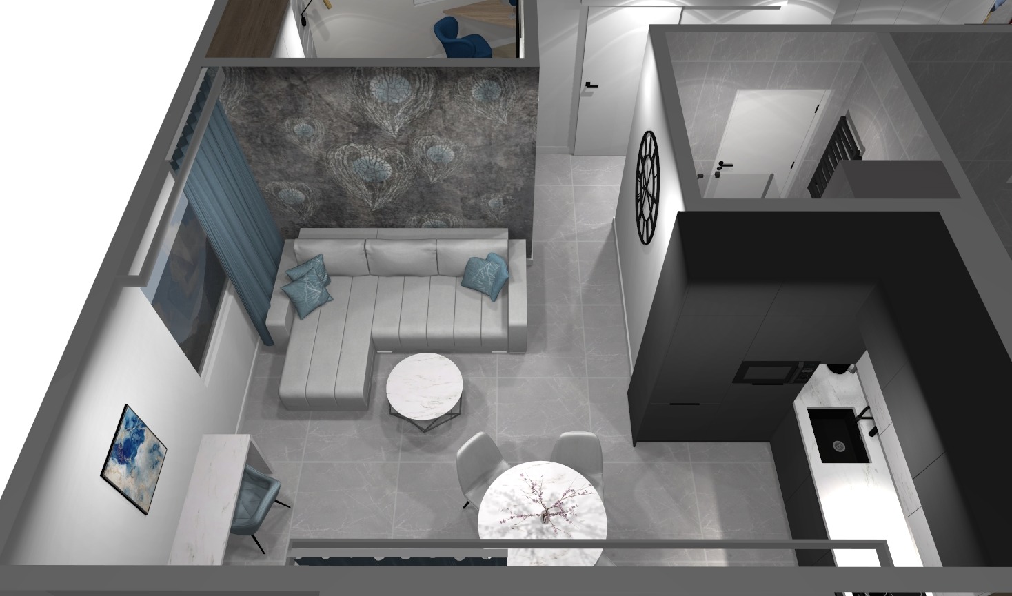 Wizualizacja z góry: salon z szarą sofą, wzorzystą tapetą i niebieskimi akcentami, połączony z kuchnią w czerni i bieli. Nowoczesny design z dbałością o detale.