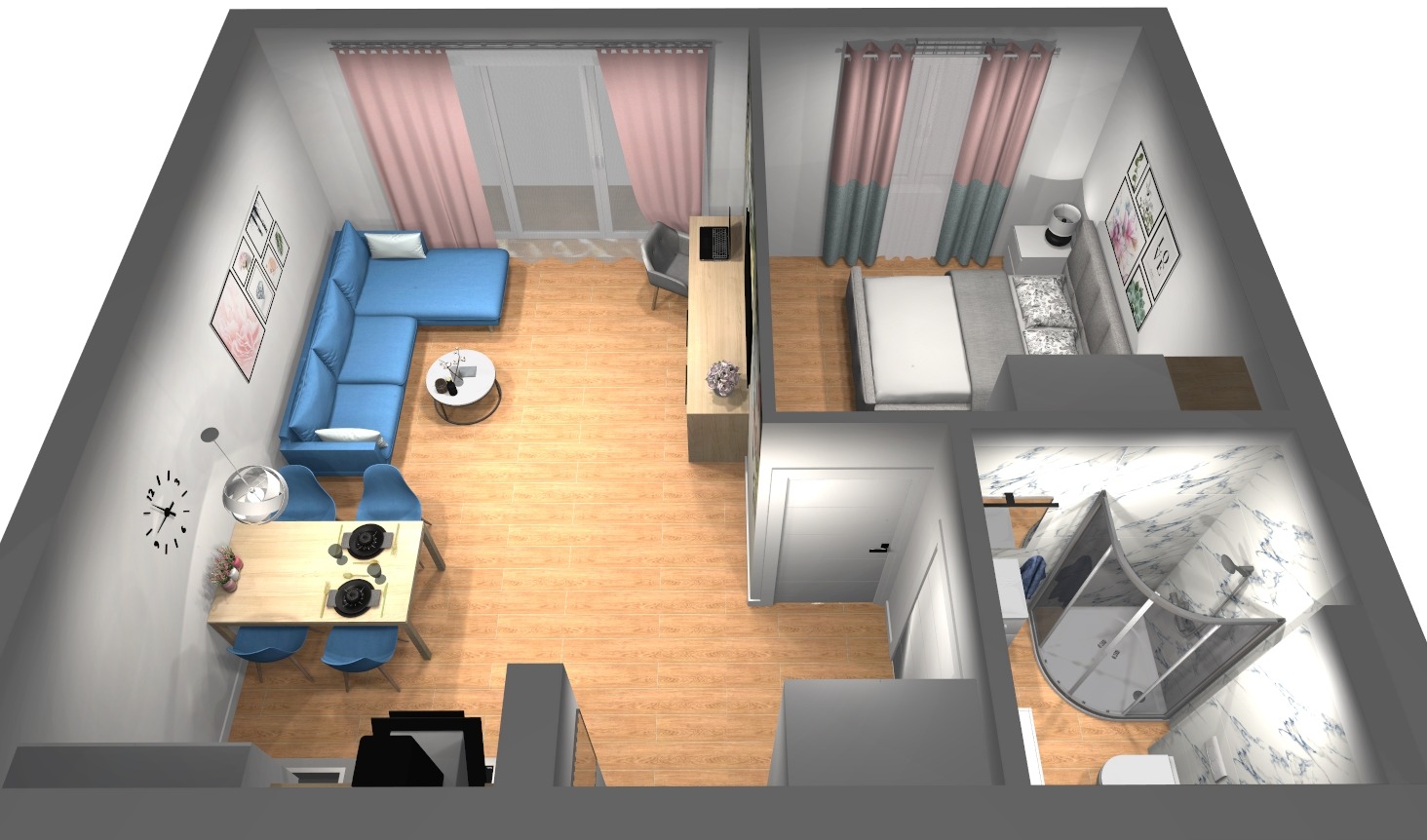 Widok z góry na wizualizację 3D mieszkania: salon z aneksem, sypialnia i łazienka. Jasne drewno na podłodze, niebieska sofa, marmur w łazience. Pastelowe zasłony.