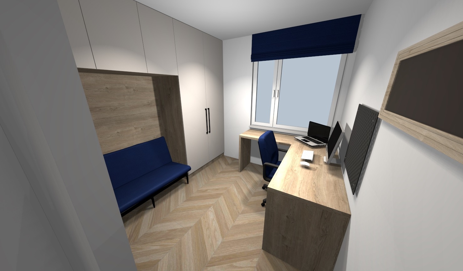 Wizualizacja pokoju z biurkiem, komputerem, sofą i szafą w zabudowie. Jasne drewno na podłodze i meblach, białe ściany. Nowoczesne, minimalistyczne wnętrze.