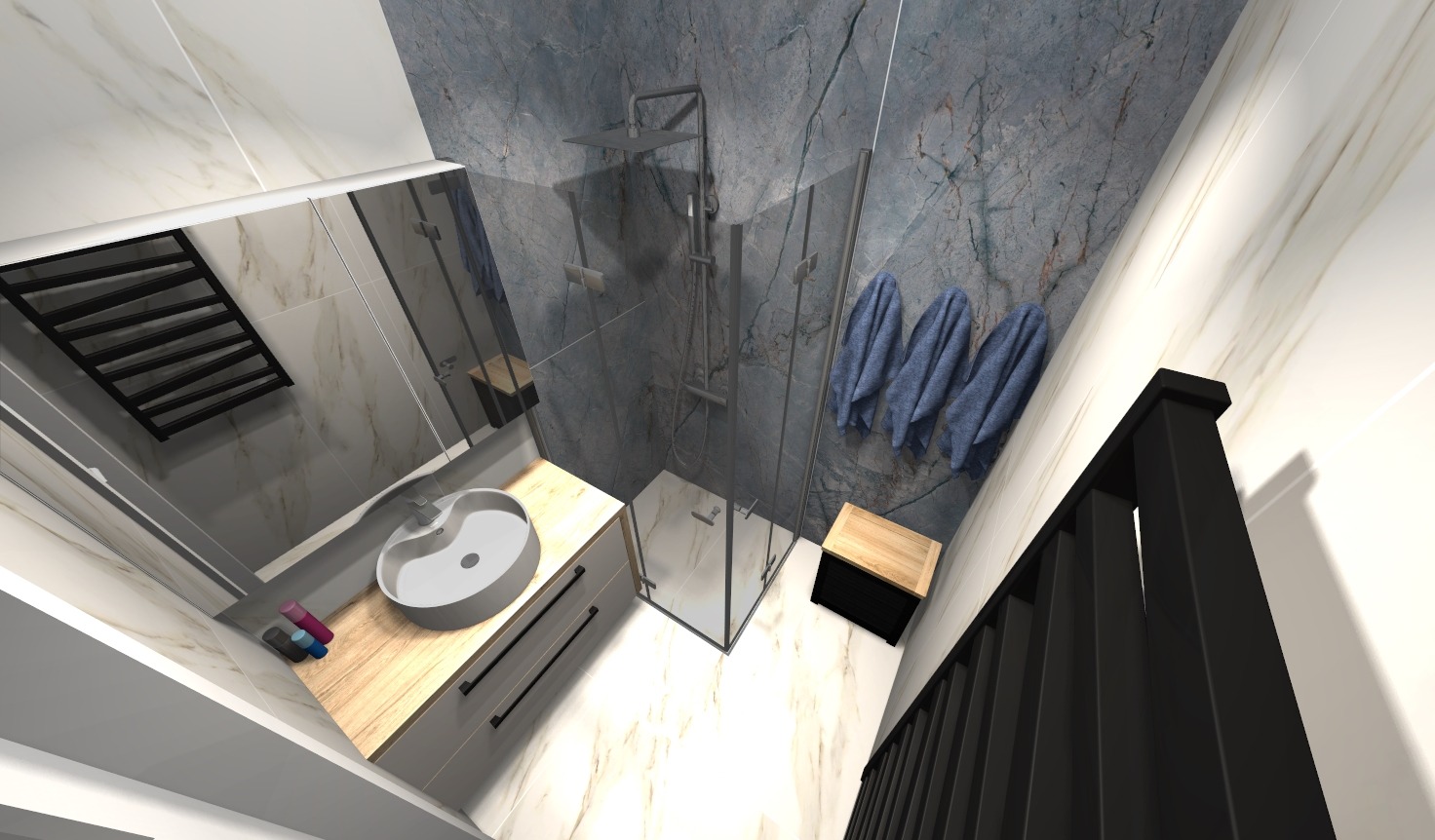 Wizualizacja łazienki z kabiną prysznicową, umywalką na szafce z szufladami i grzejnikiem drabinkowym. Na ścianie płytki imitujące marmur i ręczniki.