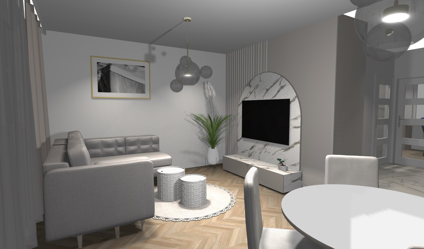 Wizualizacja salonu: szara sofa, stoliki na dywanie, TV na tle marmurowej ściany, nowoczesna lampa i okrągły stół z krzesłami. Jasne wnętrze z drewnianą podłogą.