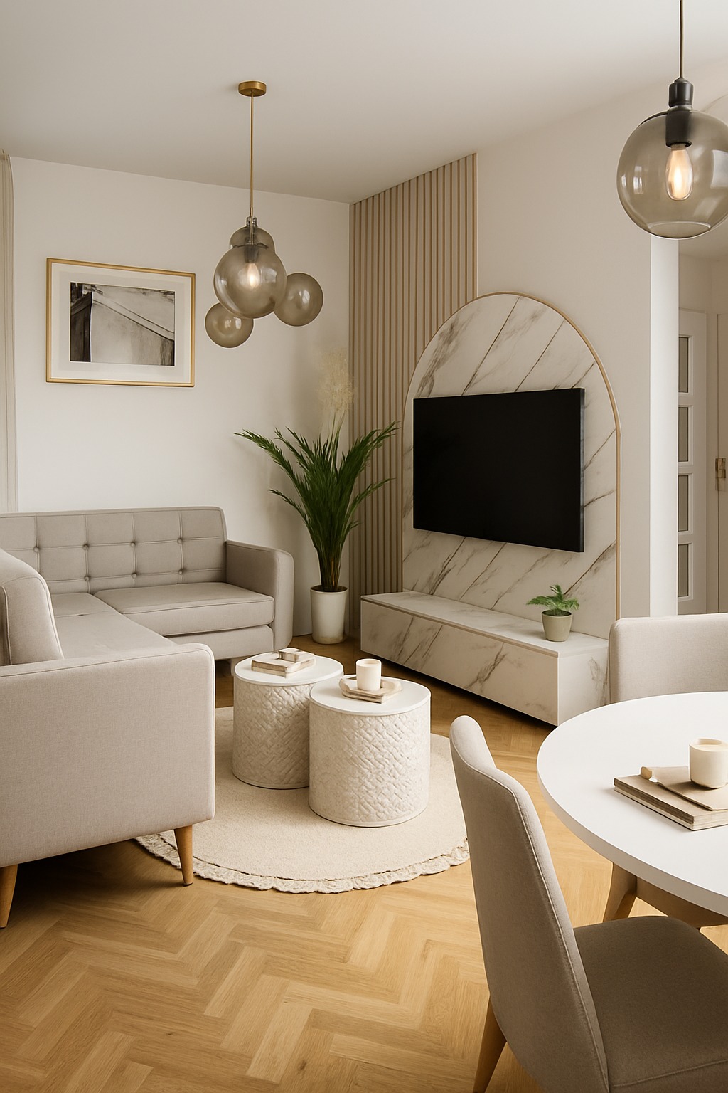 Jasny salon z parkietem w jodełkę, beżową sofą, okrągłym stolikiem i lampami. Ściana z marmurowym panelem za telewizorem. Minimalistyczny wystrój.