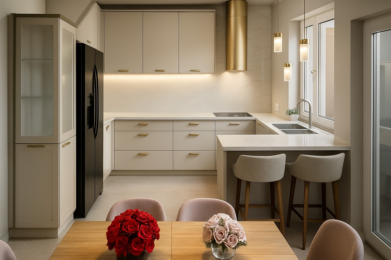 Jasna kuchnia w stylu nowoczesnym z złotymi akcentami: okap, uchwyty. Na pierwszym planie stół z kwiatami, krzesła w odcieniach różu.