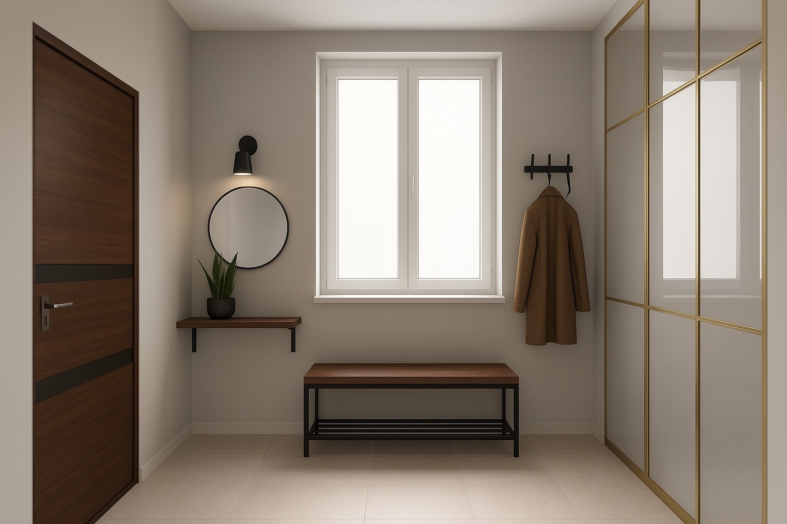 Nowoczesny przedpokój z drewnianymi akcentami: drzwi, ławka, półka. Okrągłe lustro, wieszak z płaszczem i przeszklona szafa z złotymi ramami dopełniają aranżację.