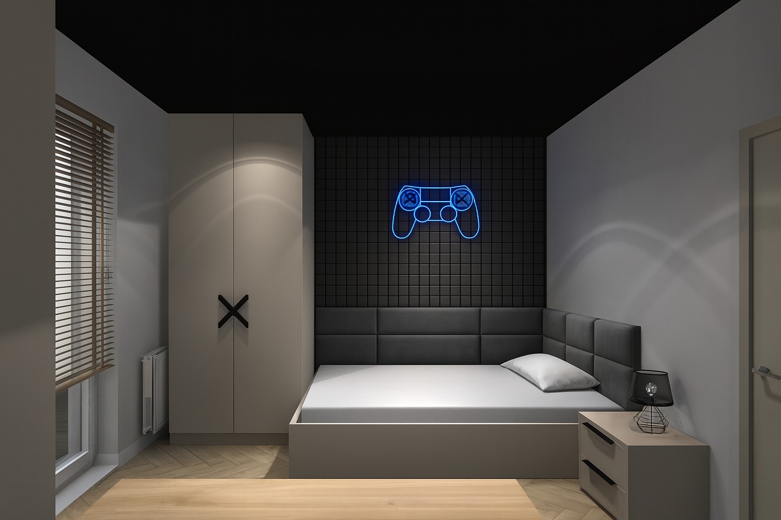 Pokój młodzieżowy z łóżkiem, szafką nocną i szafą. Na ścianie neon w kształcie kontrolera do gier. Czarno-biała kolorystyka z akcentem niebieskiego neonu.