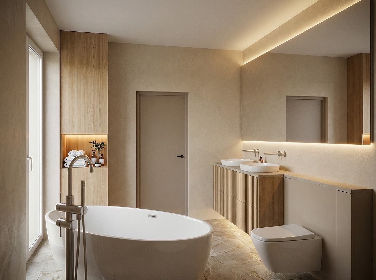 Jasna łazienka w beżach z wolnostojącą wanną, umywalkami nablatowymi i podświetlanym lustrem. Minimalistyczny design, ciepłe oświetlenie, naturalne materiały.