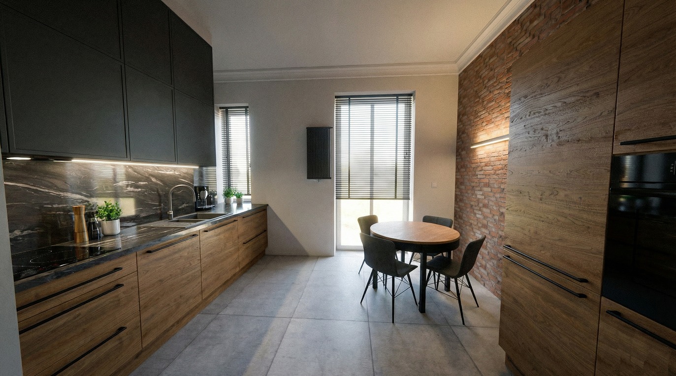 Nowoczesna kuchnia z drewnianymi szafkami i czarnymi blatami, okrągły stół z krzesłami, ceglana ściana z oświetleniem. Minimalistyczny design, naturalne światło.