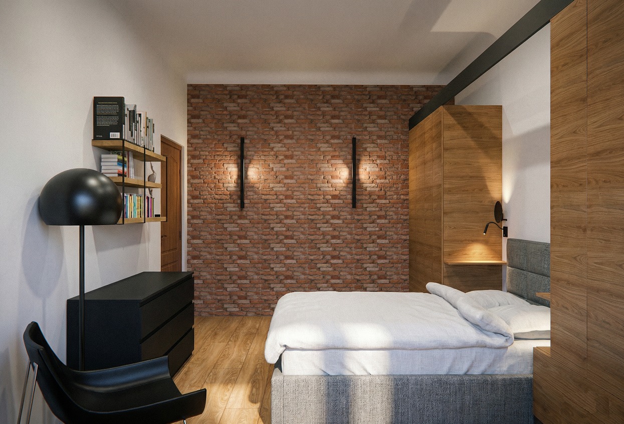 Nowoczesna sypialnia z ceglaną ścianą, oświetleniem punktowym i drewnianymi elementami. Minimalistyczny design z czarnymi akcentami i jasną pościelą. Widok na regał z książkami.