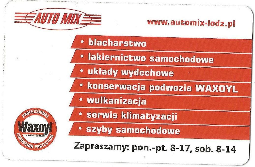Wizytówka firmy Auto Mix z Łodzi oferującej usługi blacharskie, lakiernictwa samochodowego, układów wydechowych, konserwacji podwozia WAXOYL, wulkanizacji, serwisu klimatyzacji i szyb samochodowych...