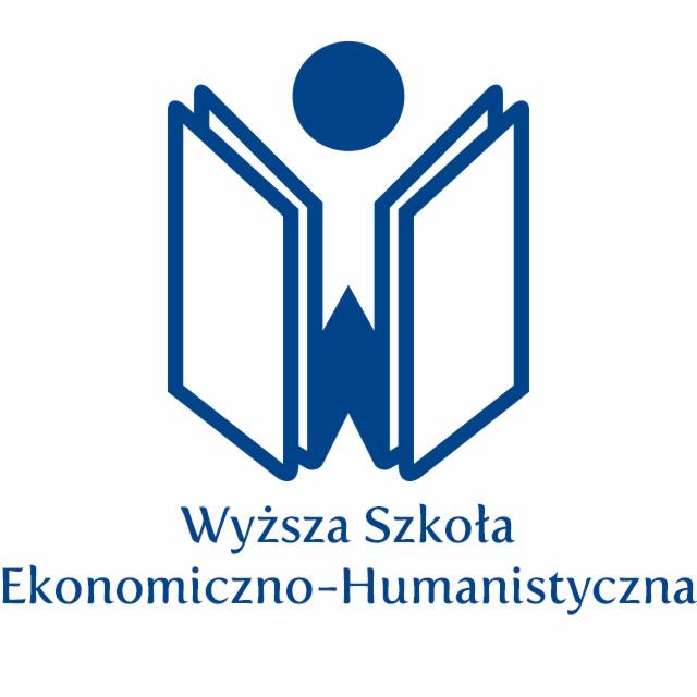 Niebieskie logo Wyższej Szkoły Ekonomiczno-Humanistycznej przedstawiające otwartą książkę z sylwetką postaci w środku i okrągłą głową.
