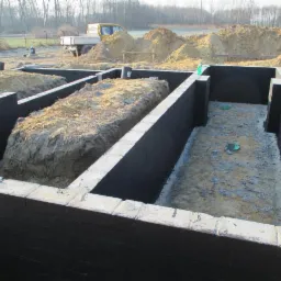 Fundamenty domu w trakcie budowy: wykopane rowy, zabezpieczone ściany. W tle widoczny żółty samochód dostawczy i drzewa.