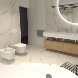 Wizualizacja nowoczesnej łazienki z marmurowymi płytkami, okrągłym podświetlanym lustrem, wiszącą szafką z umywalkami, bidetem i toaletą.