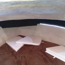 Wnętrze kabiny łodzi motorowej z beżową tapicerką i poduszkami, oświetlenie LED wzdłuż krawędzi, brązowa podłoga.