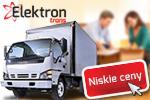 Biały bus dostawczy z logo Elektron Trans na tle rozmytej pary pakującej kartony. Czerwona naklejka z napisem 'Niskie ceny'.