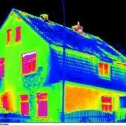 Termowizyjne zdjęcie domu, ukazujące rozkład temperatur na elewacji i dachu, z wyraźnymi obszarami ucieczki ciepła oznaczonymi kolorami tęczy.