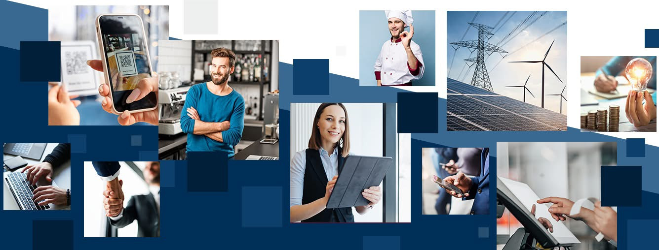 Kompozycja zdjęć: płatność QR kodem, barman, kucharz, panele słoneczne, kobieta z tabletem, praca na laptopie, uścisk dłoni, terminal płatniczy, żarówka i monety.