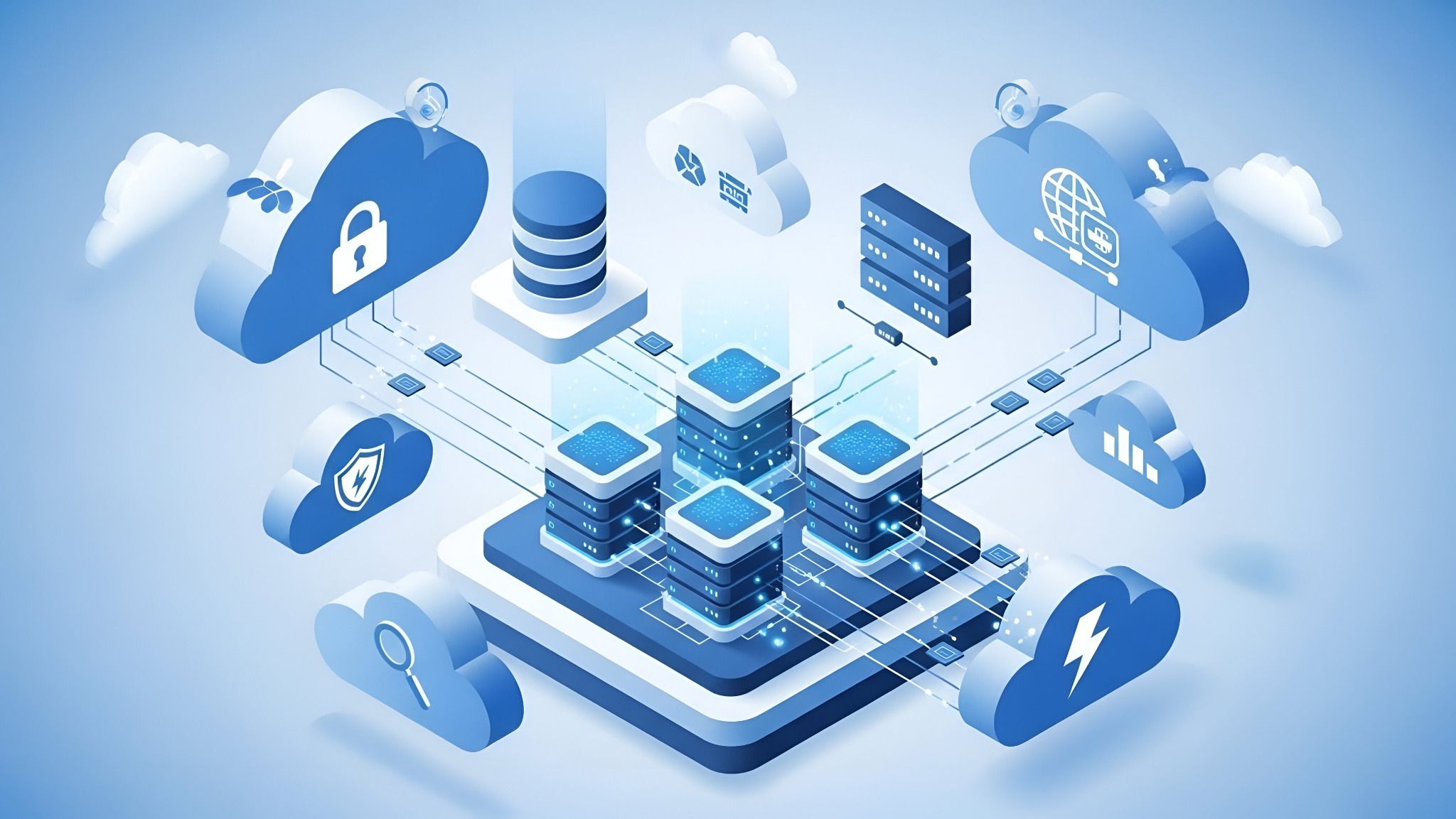 Ilustracja izometryczna przedstawiająca serwery, bazy danych i chmury połączone liniami, symbolizujące usługi IT i przetwarzanie danych w chmurze.
