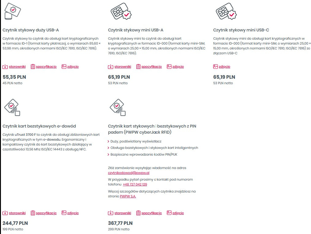 Porównanie czytników kart stykowych i bezstykowych: USB-A, USB-C, e-dowód, z PIN padem. Informacje o cenach, specyfikacjach i możliwości zamówienia. Czytelny układ, białe tło.