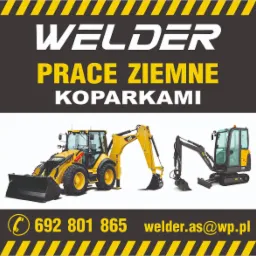 Grafika reklamowa firmy Welder prezentująca park maszynowy: żółta koparko-ładowarka CAT i czarna minikoparka Volvo na białym tle, z numerem telefonu i adresem e-mail.