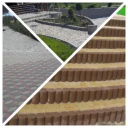 Mozaika z czterech różnych ujęć: ścieżka z jasnej kostki granitowej z obrzeżem, schody z brązowych i żółtych elementów, wzorzysta kostka brukowa w odcieniach szarości i czerwieni, oraz kolejne...