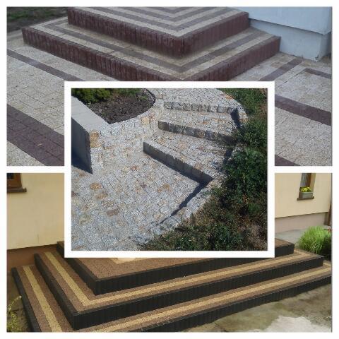 Kompozycja zdjęć: Schody kamienne z jasnoszarej kostki granitowej prowadzące do ogrodu, otoczone zielenią, oraz schody z kostki brukowej w odcieniach brązu i beżu, z widocznym fragmentem elewacji...