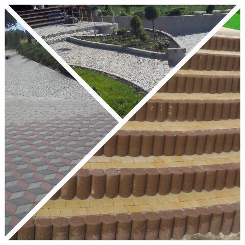 Mozaika z czterech różnych ujęć: ścieżka z jasnej kostki granitowej z obrzeżem, schody z brązowych i żółtych elementów, wzorzysta kostka brukowa w odcieniach szarości i czerwieni, oraz kolejne...