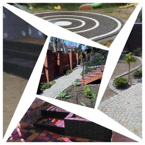Mozaika zdjęć przedstawiająca fragmenty aranżacji ogrodu: schody z kostki, ścieżka z jasnego kamienia, okrąg z kostki, mur z cegły. Różne ujęcia i materiały.