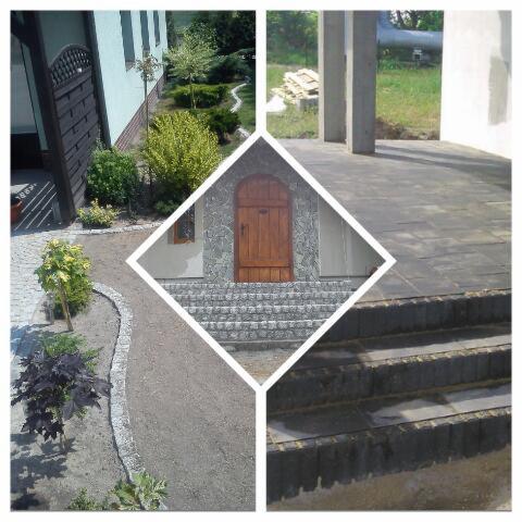 Kompozycja zdjęć: ścieżka z obrzeżem z kostki granitowej prowadząca przez ogród, kamienne schody z drewnianymi drzwiami, oraz taras wyłożony ciemną kostką brukową.
