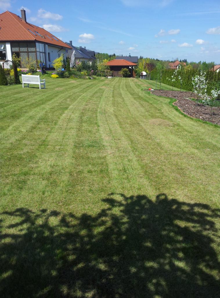 Perfekcyjnie skoszony trawnik z wyraźnymi pasami, w tle dom z czerwoną dachówką, altana i biała ławka. Cień drzewa w dolnej części kadru.