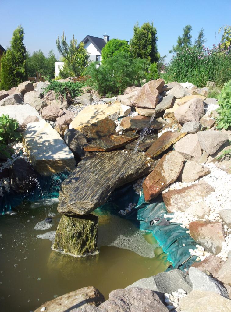 Oczko wodne z kaskadą, otoczone kamieniami i roślinnością. Woda spływa po kamieniach, tworząc mały wodospad. W tle widoczne drzewa i zabudowania.