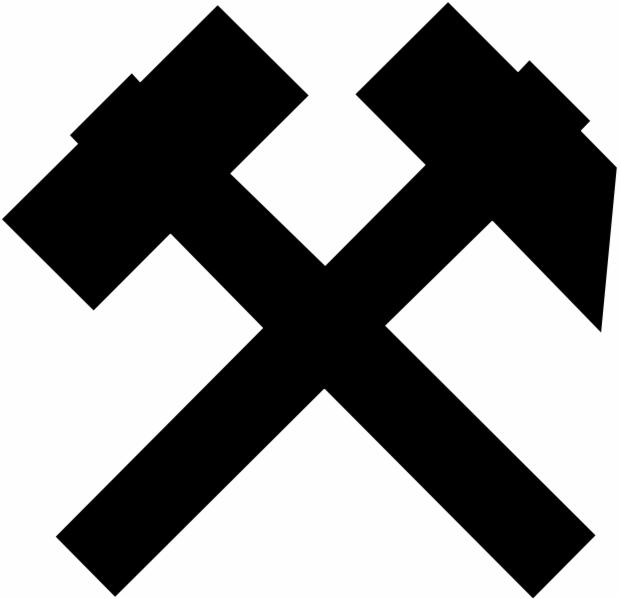 Czarno-biały, minimalistyczny symbol górniczy: skrzyżowane młotki na białym tle. Grafika nawiązuje do tradycji i ciężkiej pracy w kopalni.