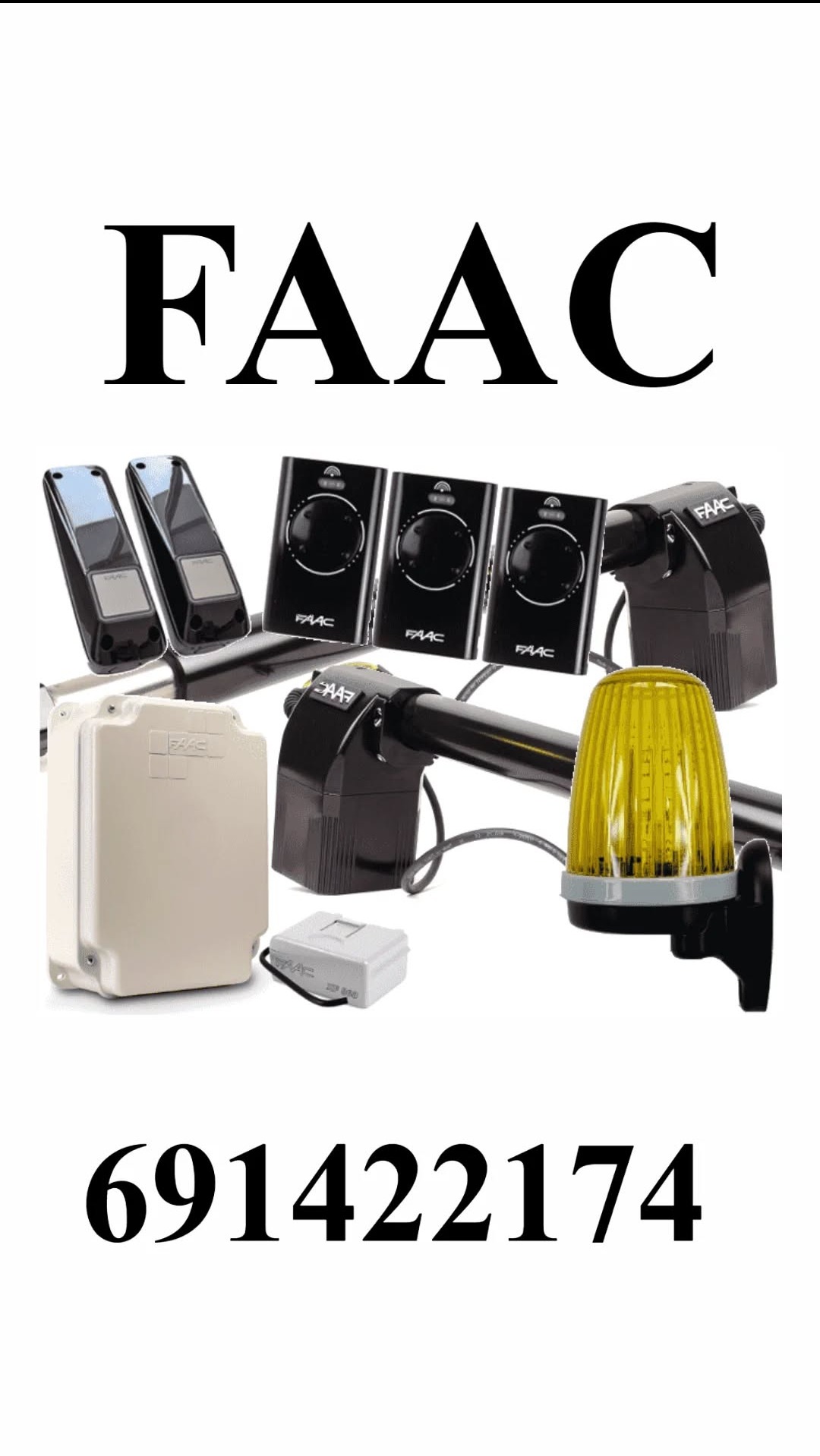 Zestaw komponentów FAAC do automatyki bram: centrala sterująca, piloty, fotokomórki, lampa ostrzegawcza. Na dole numer telefonu kontaktowego.
