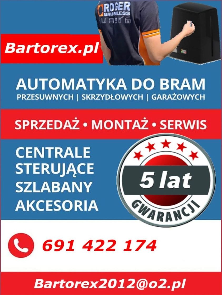 Grafika reklamowa: Automatyka do bram (przesuwnych, skrzydłowych, garażowych). Sprzedaż, montaż, serwis. Centrale sterujące, szlabany, akcesoria. 5 lat gwarancji.