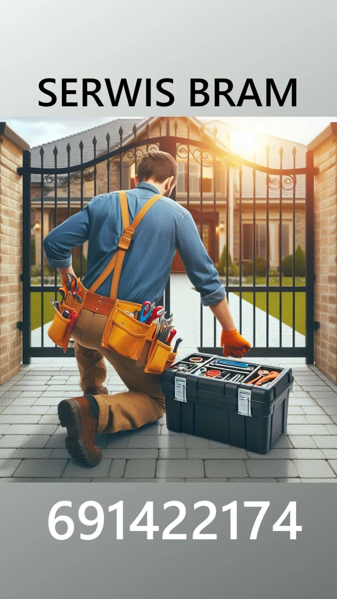 Serwisant bram klęczy przed kutą bramą, obok skrzynka z narzędziami. Widoczny pas narzędziowy, ceglana podmurówka i fragment domu w tle. Słoneczny dzień.