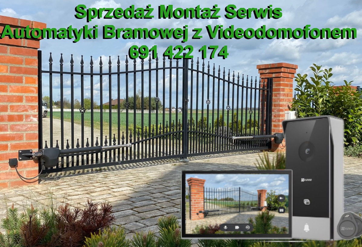 Kuta brama wjazdowa z automatyką i videodomofonem. Widoczne ceglane słupki, czarne metalowe elementy bramy, siłownik i panel videodomofonu. Na bramie numer telefonu.