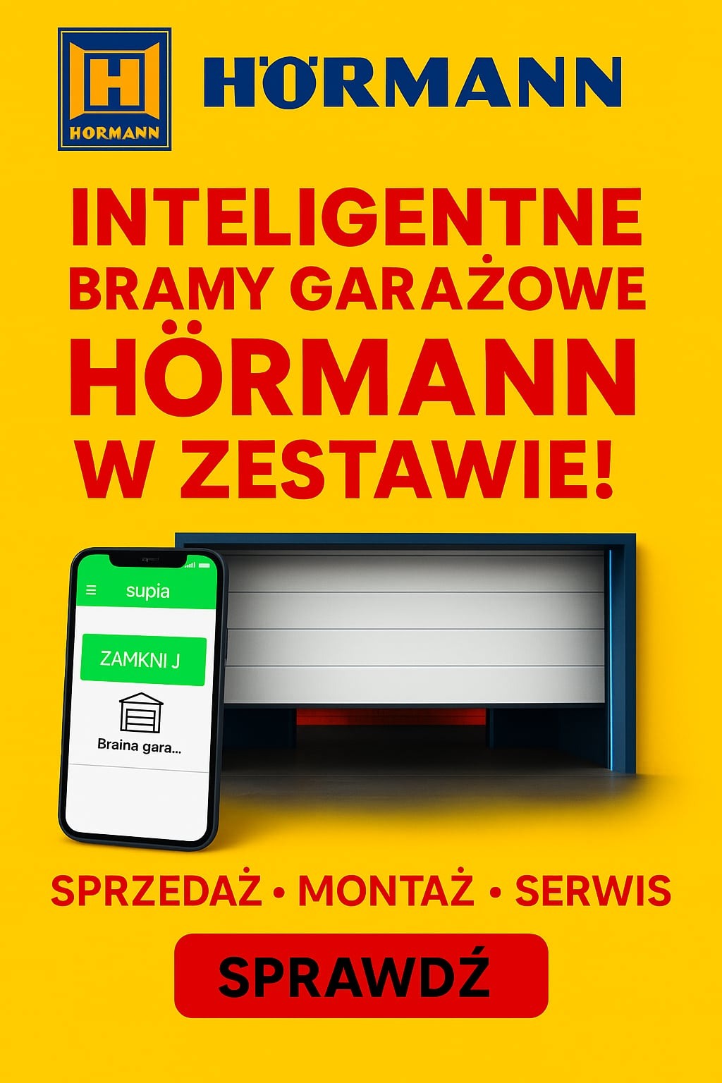 Żółte tło z logo Hormann, inteligentne bramy garażowe. Smartfon z aplikacją do sterowania bramą garażową na tle otwartej bramy. Sprzedaż, montaż, serwis.