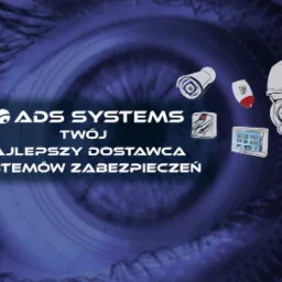 Grafika reklamowa firmy ADS Systems prezentująca urządzenia do systemów zabezpieczeń na tle oka i cyfrowego wzoru.